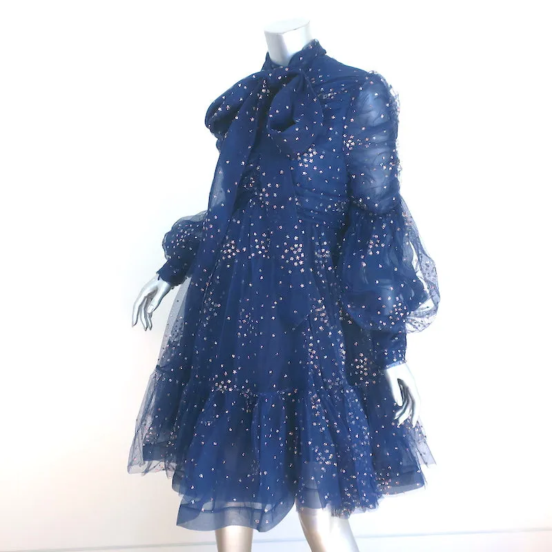 Zimmermann Tie-Neck Ruched Mini Dress Rhythm Navy Glitter Tulle Size 3
