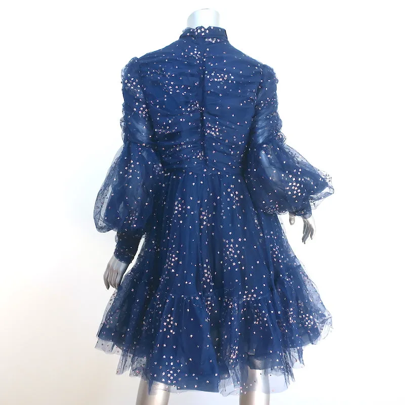 Zimmermann Tie-Neck Ruched Mini Dress Rhythm Navy Glitter Tulle Size 3